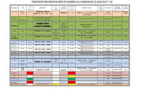 PLANNING DU SAMEDI 24 ET DIMANCHE 25 JUIN 2017