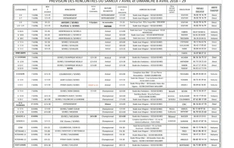 PLANNING DU WEEK-END DU SAMEDI 7 et DIMANCHE 8 Avril 2018  