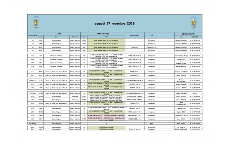 Planning du Samedi 17 Novembre 2018